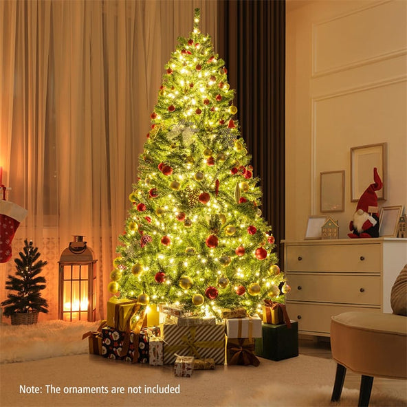 6/7/8FT Pre-Lit Artificial Christmas Tree, Hinged Xmas Tree with Remote, Warm White LED Lights, Timer, Adjustable Lighting Modes for Holiday Decor