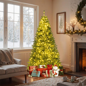 6/7/8FT Pre-Lit Artificial Christmas Tree, Hinged Xmas Tree with Remote, Warm White LED Lights, Timer, Adjustable Lighting Modes for Holiday Decor
