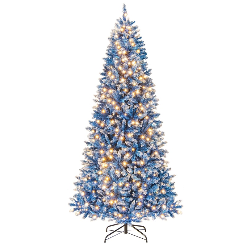 6/7/8/9 FT Pre-Lit Christmas Tree, Blue Hinged Xmas Tree with Frosted PVC Tips, Warm White LED Lights, 8 Modes & Folding Stand for Holiday Decor