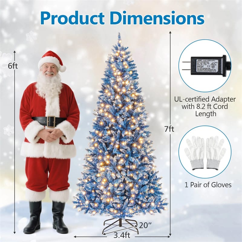 6/7/8/9 FT Pre-Lit Christmas Tree, Blue Hinged Xmas Tree with Frosted PVC Tips, Warm White LED Lights, 8 Modes & Folding Stand for Holiday Decor