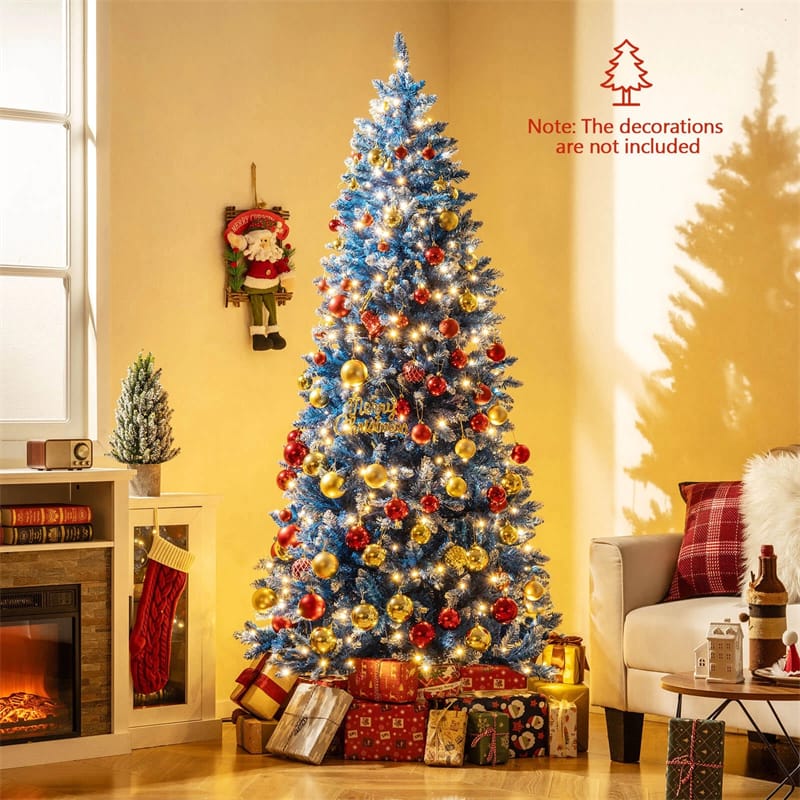 6/7/8/9 FT Pre-Lit Christmas Tree, Blue Hinged Xmas Tree with Frosted PVC Tips, Warm White LED Lights, 8 Modes & Folding Stand for Holiday Decor
