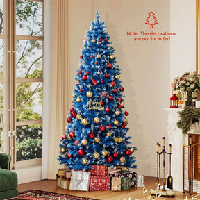 6/7/8/9 FT Pre-Lit Christmas Tree, Blue Hinged Xmas Tree with Frosted PVC Tips, Warm White LED Lights, 8 Modes & Folding Stand for Holiday Decor