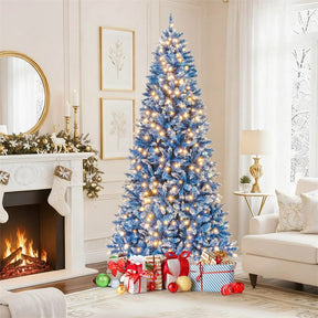 6/7/8/9 FT Pre-Lit Christmas Tree, Blue Hinged Xmas Tree with Frosted PVC Tips, Warm White LED Lights, 8 Modes & Folding Stand for Holiday Decor