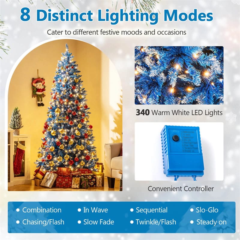 6/7/8/9 FT Pre-Lit Christmas Tree, Blue Hinged Xmas Tree with Frosted PVC Tips, Warm White LED Lights, 8 Modes & Folding Stand for Holiday Decor