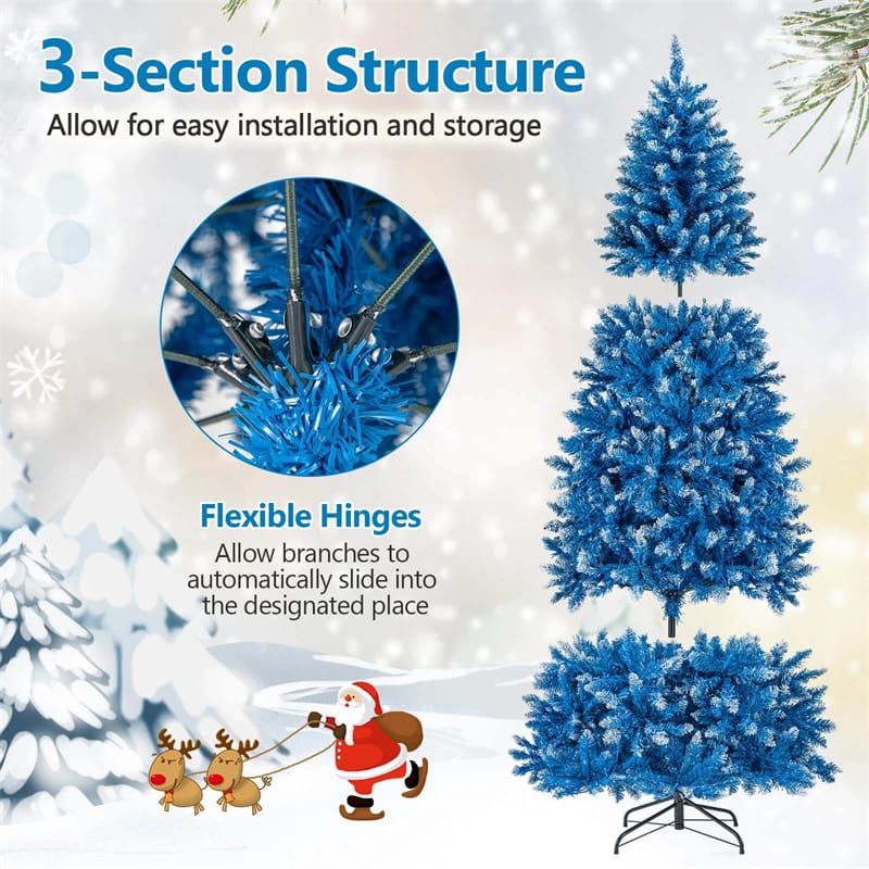 6/7/8/9 FT Pre-Lit Christmas Tree, Blue Hinged Xmas Tree with Frosted PVC Tips, Warm White LED Lights, 8 Modes & Folding Stand for Holiday Decor