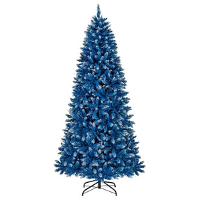 6/7/8/9 FT Pre-Lit Christmas Tree, Blue Hinged Xmas Tree with Frosted PVC Tips, Warm White LED Lights, 8 Modes & Folding Stand for Holiday Decor