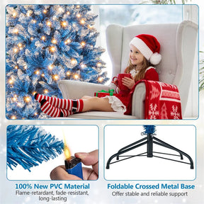 6/7/8/9 FT Pre-Lit Christmas Tree, Blue Hinged Xmas Tree with Frosted PVC Tips, Warm White LED Lights, 8 Modes & Folding Stand for Holiday Decor