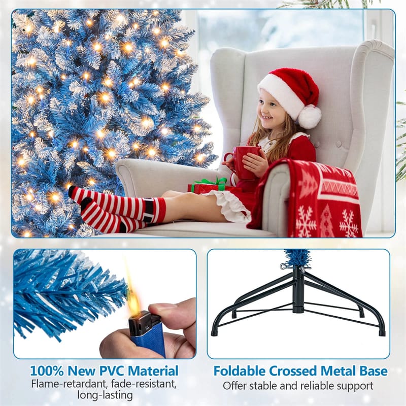 6/7/8/9 FT Pre-Lit Christmas Tree, Blue Hinged Xmas Tree with Frosted PVC Tips, Warm White LED Lights, 8 Modes & Folding Stand for Holiday Decor