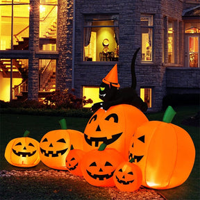 7.5 FT Halloween Inflatable Pumpkin Combo with Witch Black Cat, LED Lights & Blower, Waterproof Blow-up Holiday Decor for Outdoor Yard Haunted House