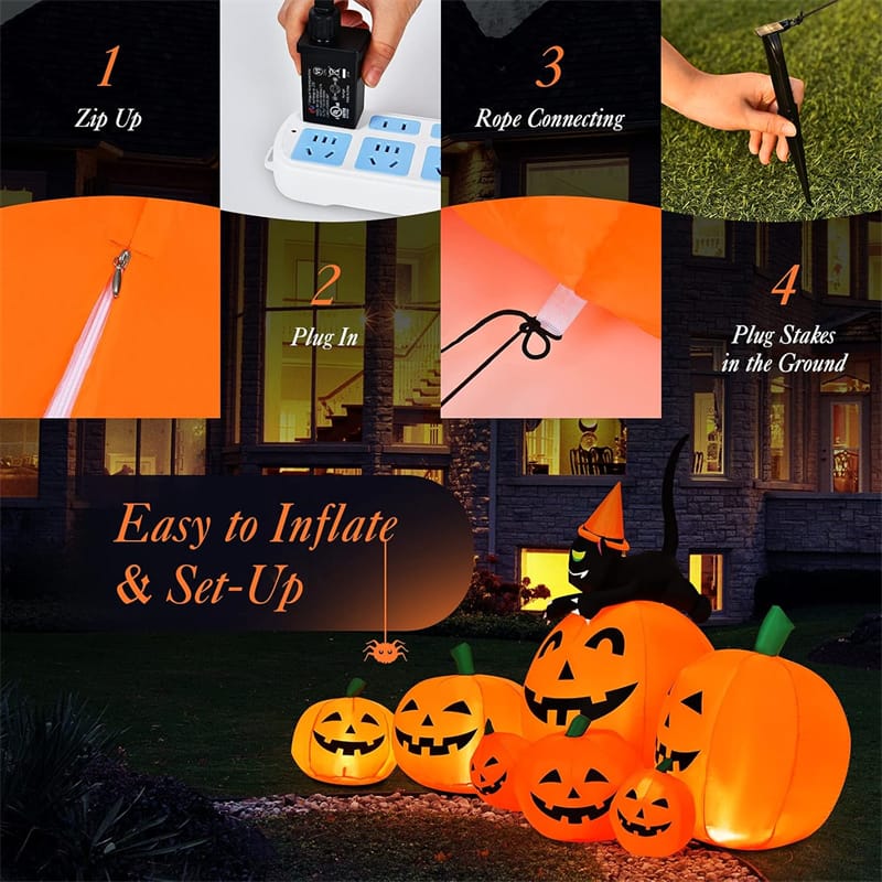 7.5 FT Halloween Inflatable Pumpkin Combo with Witch Black Cat, LED Lights & Blower, Waterproof Blow-up Holiday Decor for Outdoor Yard Haunted House