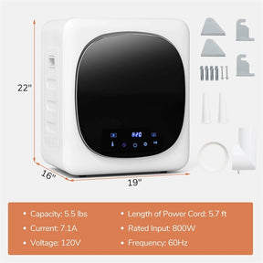 1.5 cu.ft Portable Clothes Dryer, 800W Electric Compact Laundry Dryer with Stainless Steel Tub & LED Touch Panel for Apartment, Dorm & RV