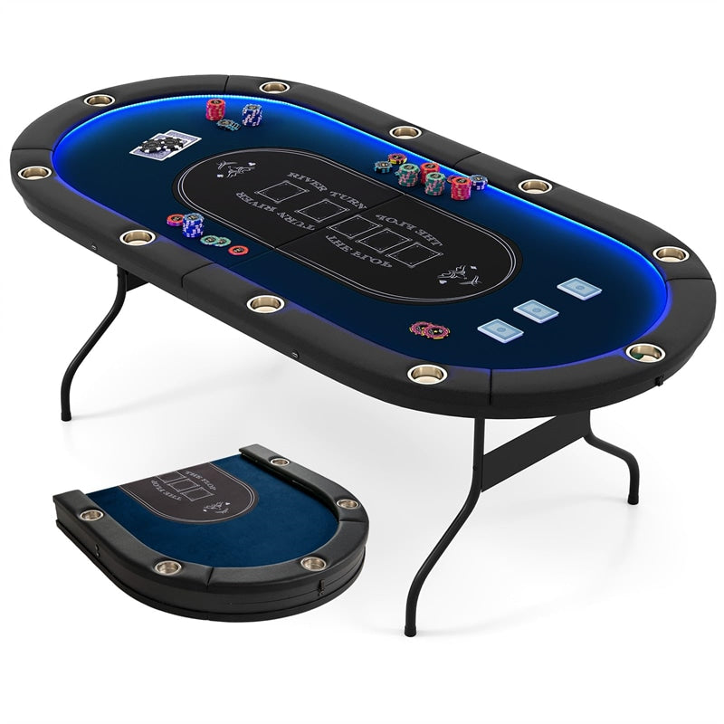 10 Player Folding Poker Table, 84" Casino Leisure Table with Cup Holder, 4 USB Ports & LED Lights for Texas Holdem, Blackjack, Card Games