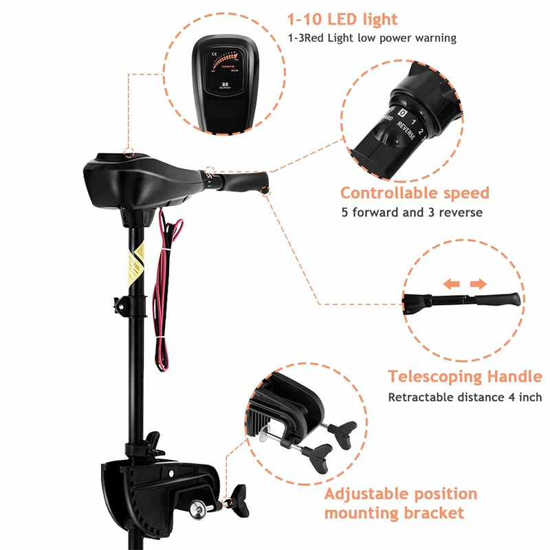 Electric Trolling Motor 8 Speed Boat Fishing Motor with Telescoping Handle, Transom Mount 36" Shaft for Freshwater Saltwater Use