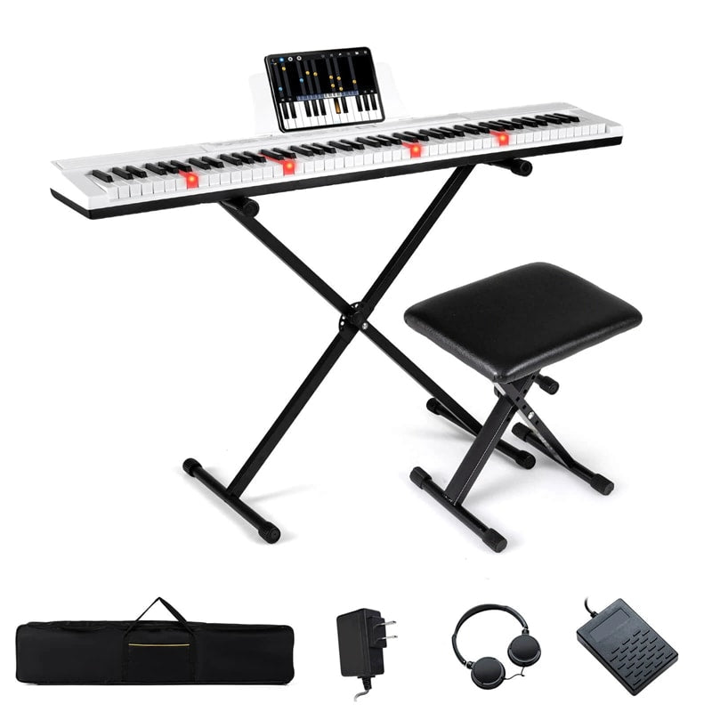 88 Key Electric Piano Keyboard Set with Adjustable Stand & Stool, Lighted Full Size Sensitive Keys, Sustain Pedal, Portable Bag for Beginners