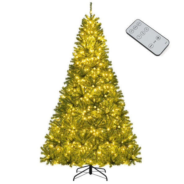 6/7/8FT Pre-Lit Artificial Christmas Tree, Hinged Xmas Tree with Remote, Warm White LED Lights, Timer, Adjustable Lighting Modes for Holiday Decor
