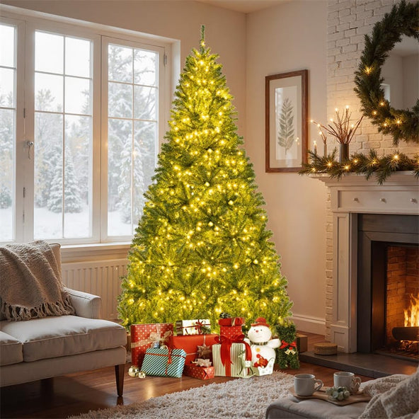 6/7/8FT Pre-Lit Artificial Christmas Tree, Hinged Xmas Tree with Remote, Warm White LED Lights, Timer, Adjustable Lighting Modes for Holiday Decor