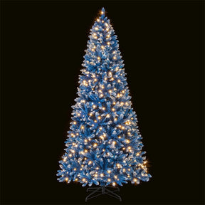 6/7/8/9 FT Pre-Lit Christmas Tree, Blue Hinged Xmas Tree with Frosted PVC Tips, Warm White LED Lights, 8 Modes & Folding Stand for Holiday Decor
