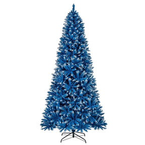 6/7/8/9 FT Pre-Lit Christmas Tree, Blue Hinged Xmas Tree with Frosted PVC Tips, Warm White LED Lights, 8 Modes & Folding Stand for Holiday Decor