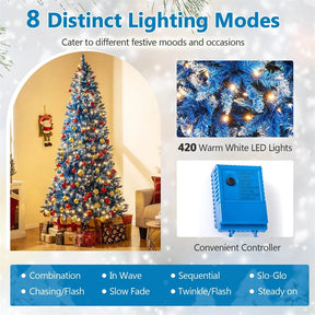 6/7/8/9 FT Pre-Lit Christmas Tree, Blue Hinged Xmas Tree with Frosted PVC Tips, Warm White LED Lights, 8 Modes & Folding Stand for Holiday Decor