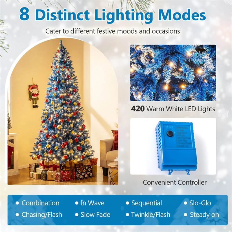 6/7/8/9 FT Pre-Lit Christmas Tree, Blue Hinged Xmas Tree with Frosted PVC Tips, Warm White LED Lights, 8 Modes & Folding Stand for Holiday Decor