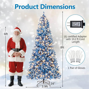 6/7/8/9 FT Pre-Lit Christmas Tree, Blue Hinged Xmas Tree with Frosted PVC Tips, Warm White LED Lights, 8 Modes & Folding Stand for Holiday Decor