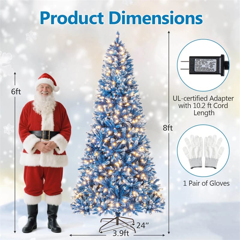 6/7/8/9 FT Pre-Lit Christmas Tree, Blue Hinged Xmas Tree with Frosted PVC Tips, Warm White LED Lights, 8 Modes & Folding Stand for Holiday Decor
