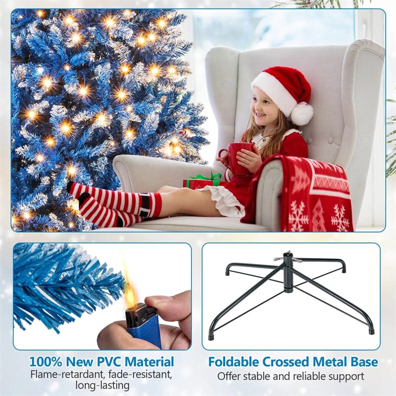 6/7/8/9 FT Pre-Lit Christmas Tree, Blue Hinged Xmas Tree with Frosted PVC Tips, Warm White LED Lights, 8 Modes & Folding Stand for Holiday Decor