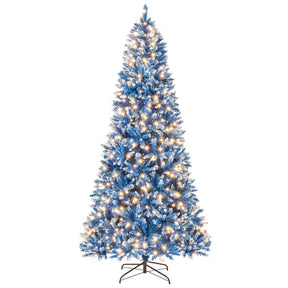 6/7/8/9 FT Pre-Lit Christmas Tree, Blue Hinged Xmas Tree with Frosted PVC Tips, Warm White LED Lights, 8 Modes & Folding Stand for Holiday Decor