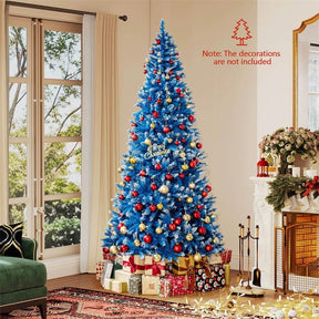 6/7/8/9 FT Pre-Lit Christmas Tree, Blue Hinged Xmas Tree with Frosted PVC Tips, Warm White LED Lights, 8 Modes & Folding Stand for Holiday Decor