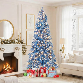 6/7/8/9 FT Pre-Lit Christmas Tree, Blue Hinged Xmas Tree with Frosted PVC Tips, Warm White LED Lights, 8 Modes & Folding Stand for Holiday Decor