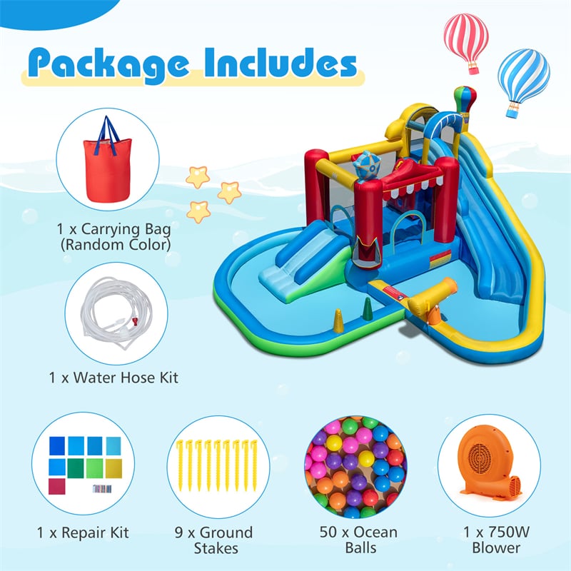 8-in-1 Inflatable Water Slide Park with Splash Pool, Water Cannon & Ball Pit, Wet Dry Combo Bounce House for Kids Backyard Party