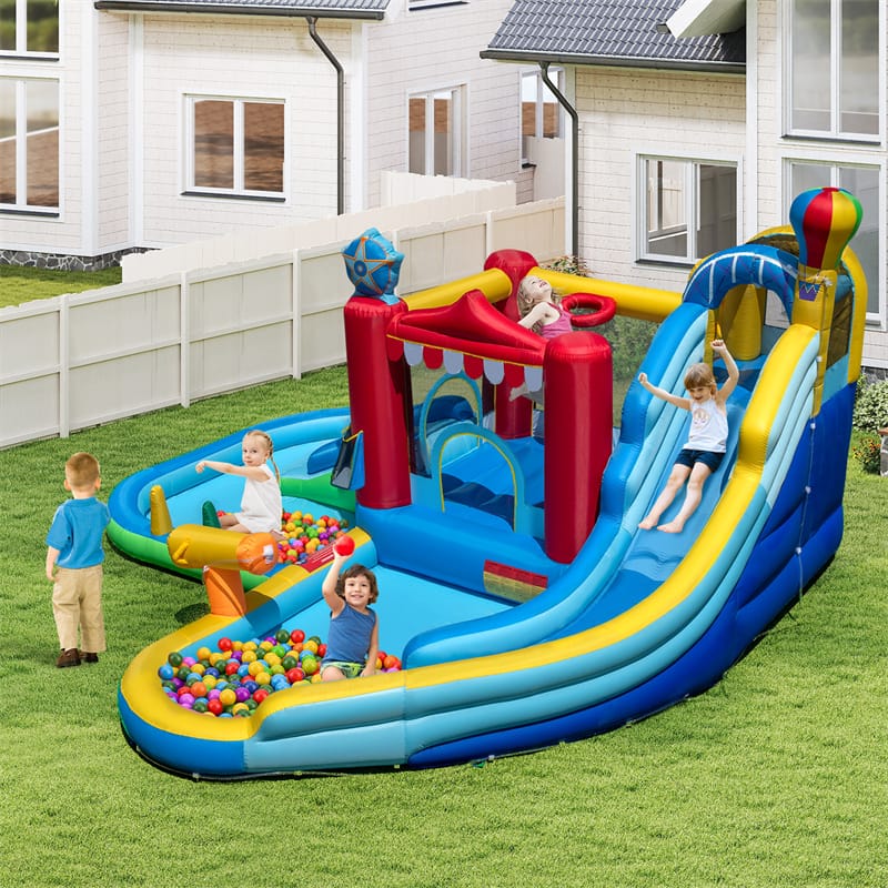 8-in-1 Inflatable Water Slide Park with Splash Pool, Water Cannon & Ball Pit, Wet Dry Combo Bounce House for Kids Backyard Party