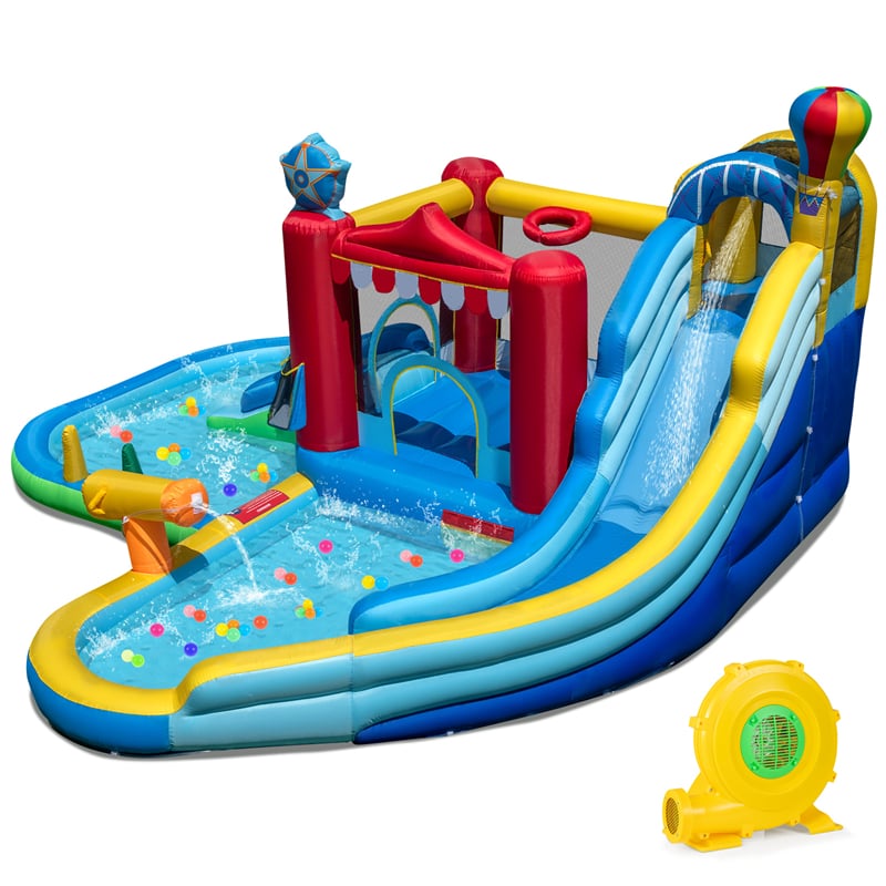 8-in-1 Inflatable Water Slide Park with Splash Pool, Water Cannon & Ball Pit, Wet Dry Combo Bounce House for Kids Backyard Party