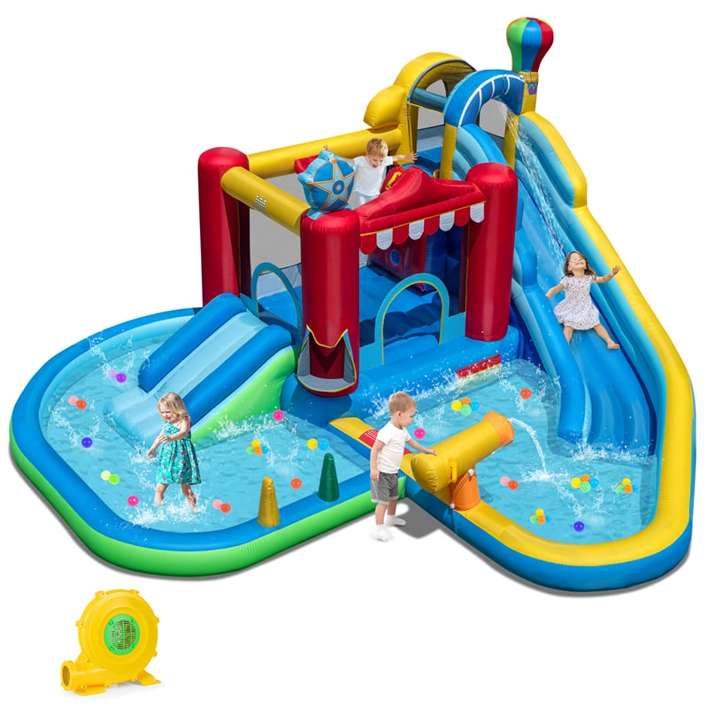 8-in-1 Inflatable Water Slide Park with Splash Pool, Water Cannon & Ball Pit, Wet Dry Combo Bounce House for Kids Backyard Party