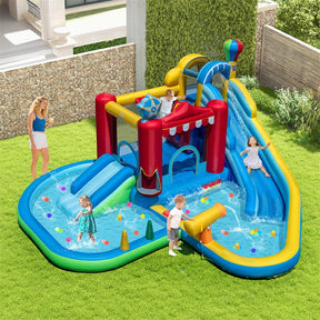 8-in-1 Inflatable Water Slide Park with Splash Pool, Water Cannon & Ball Pit, Wet Dry Combo Bounce House for Kids Backyard Party