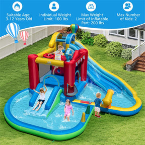 8-in-1 Inflatable Water Slide Park with Splash Pool, Water Cannon & Ball Pit, Wet Dry Combo Bounce House for Kids Backyard Party
