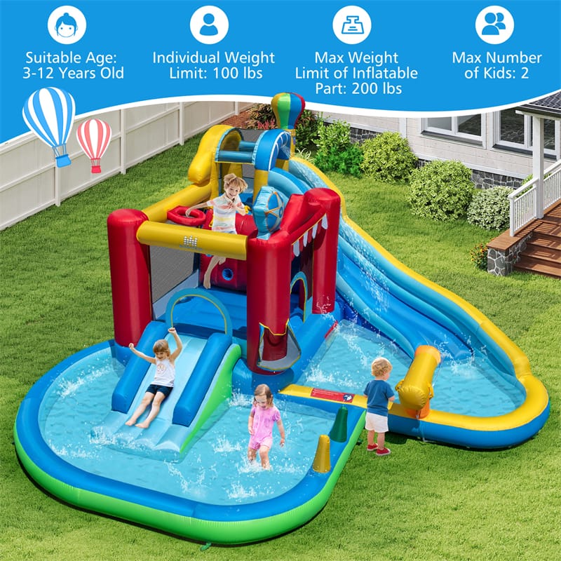 8-in-1 Inflatable Water Slide Park with Splash Pool, Water Cannon & Ball Pit, Wet Dry Combo Bounce House for Kids Backyard Party