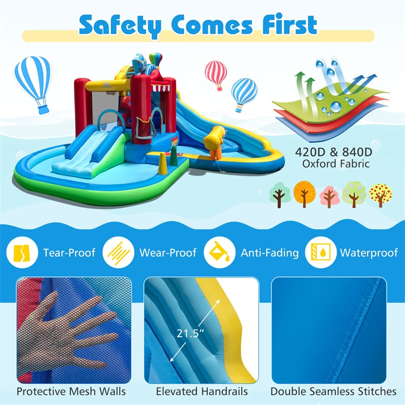 8-in-1 Inflatable Water Slide Park with Splash Pool, Water Cannon & Ball Pit, Wet Dry Combo Bounce House for Kids Backyard Party