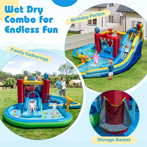8-in-1 Inflatable Water Slide Park with Splash Pool, Water Cannon & Ball Pit, Wet Dry Combo Bounce House for Kids Backyard Party