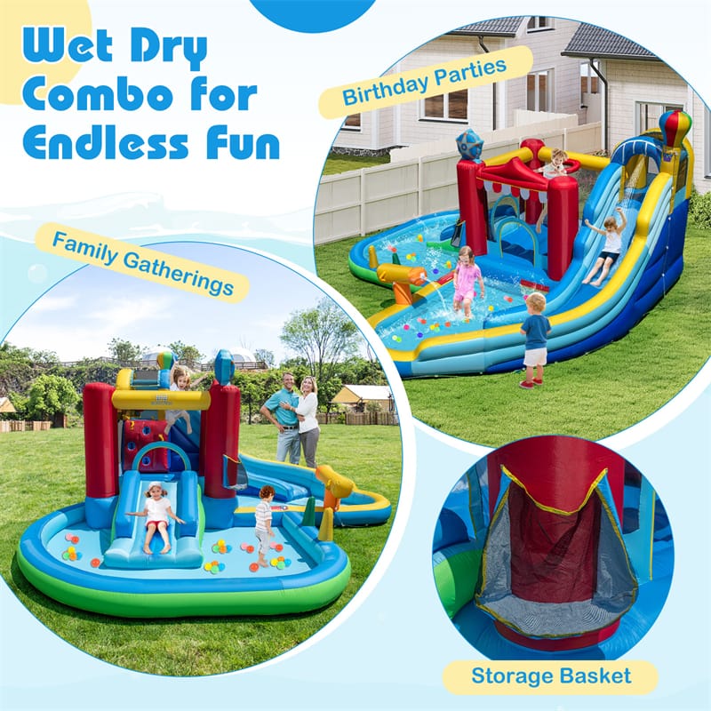 8-in-1 Inflatable Water Slide Park with Splash Pool, Water Cannon & Ball Pit, Wet Dry Combo Bounce House for Kids Backyard Party