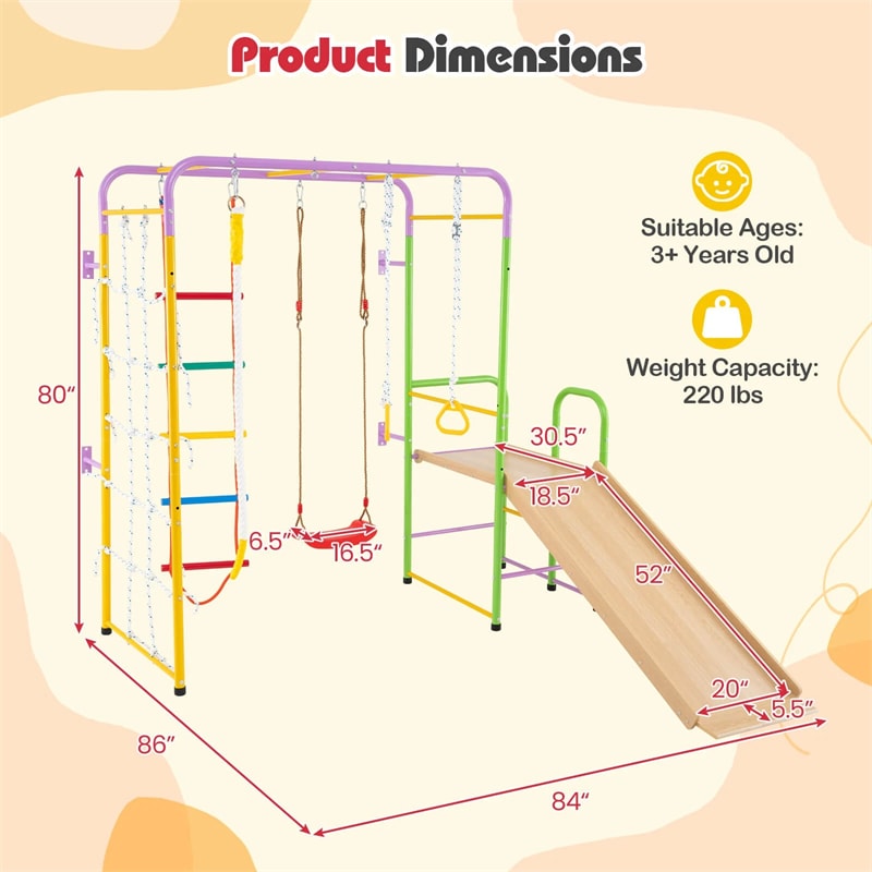 8-in-1 Steel Montessori Climbing Toys, Indoor Playground Jungle Gym with Slide, Swing, Monkey Bars & Climber Ladder for Toddlers 3+ Years