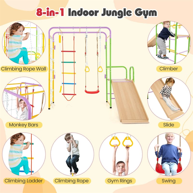 8-in-1 Steel Montessori Climbing Toys, Indoor Playground Jungle Gym with Slide, Swing, Monkey Bars & Climber Ladder for Toddlers 3+ Years