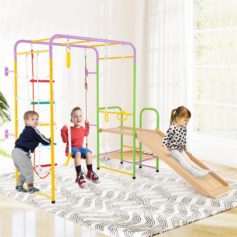 8-in-1 Steel Montessori Climbing Toys, Indoor Playground Jungle Gym with Slide, Swing, Monkey Bars & Climber Ladder for Toddlers 3+ Years