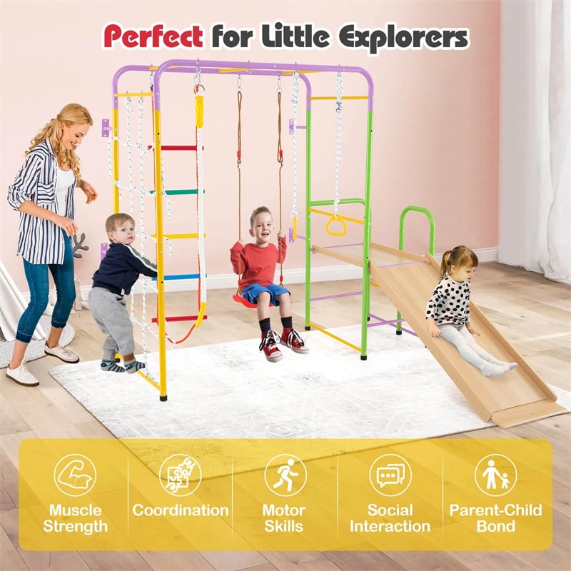 8-in-1 Steel Montessori Climbing Toys, Indoor Playground Jungle Gym with Slide, Swing, Monkey Bars & Climber Ladder for Toddlers 3+ Years