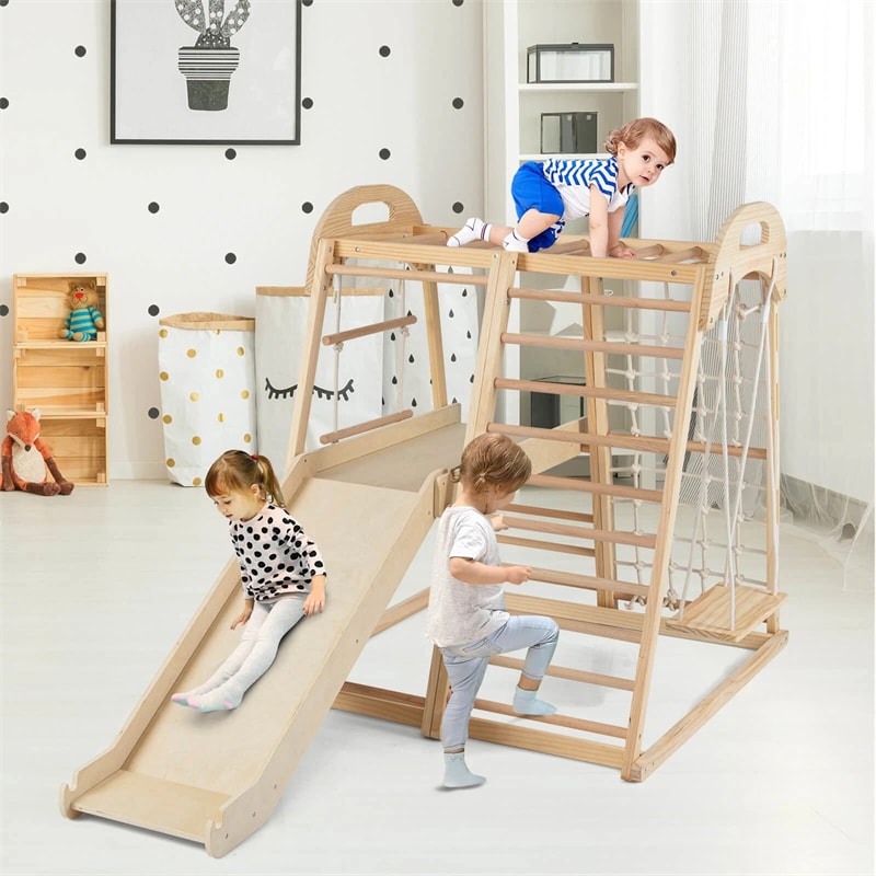 8-in-1 Wooden Indoor Jungle Gym Montessori Playground Climber Playset w/ Double-Sided Slide, Swing, Monkey Bar, Rope Ladder for Kids Ages 3-8