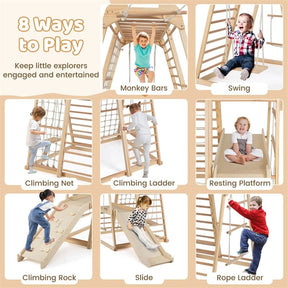 8-in-1 Wooden Indoor Jungle Gym Montessori Playground Climber Playset w/ Double-Sided Slide, Swing, Monkey Bar, Rope Ladder for Kids Ages 3-8