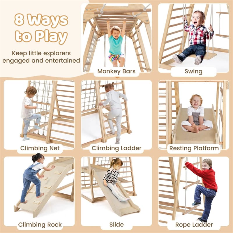 8-in-1 Wooden Indoor Jungle Gym Montessori Playground Climber Playset w/ Double-Sided Slide, Swing, Monkey Bar, Rope Ladder for Kids Ages 3-8
