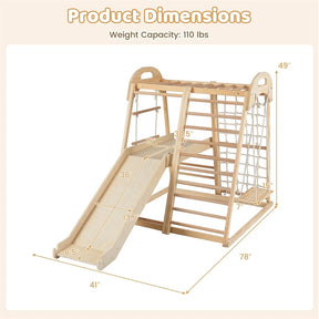 8-in-1 Wooden Indoor Jungle Gym Montessori Playground Climber Playset w/ Double-Sided Slide, Swing, Monkey Bar, Rope Ladder for Kids Ages 3-8
