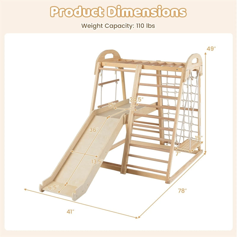 8-in-1 Wooden Indoor Jungle Gym Montessori Playground Climber Playset w/ Double-Sided Slide, Swing, Monkey Bar, Rope Ladder for Kids Ages 3-8