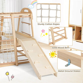 8-in-1 Wooden Indoor Jungle Gym Montessori Playground Climber Playset w/ Double-Sided Slide, Swing, Monkey Bar, Rope Ladder for Kids Ages 3-8